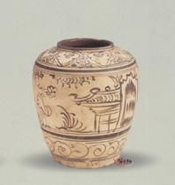 明磁州窯褐彩人物山水紋罐 明磁州窯褐彩人物山水紋罐