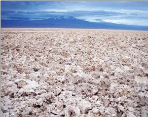  拉古納•薩拉達鹽湖的盆地上，滿地都是鹽塊，等待被蒸發的命運。 