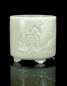 白玉鶴鹿同春筆筒 白玉鶴鹿同春筆筒