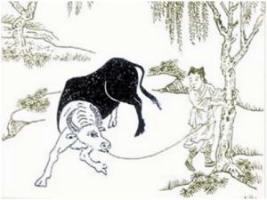 【回首第四】日久功深始轉頭，顛狂心力漸調柔；山童未肯全相許，猶把芒繩且系留。