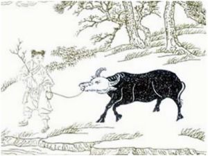 【受制第三】漸調漸伏息賓士，渡水穿雲步步隨；手把芒繩無少緩，牧童終日自忘疲。