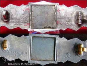 “FLL”仿品（上）：注意背後兩側整體衝壓固定技術處理的不同。