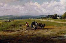 油畫前景中農夫正在填補大雨留下的水塘。