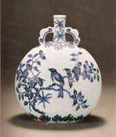 清雍正仿明式青花花鳥雙耳扁壺