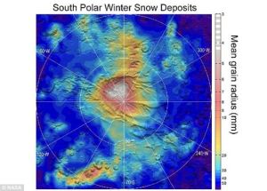 這張圖像是根據火星勘測軌道器（MRO）搭載的火星氣候探測儀（MCS）設備獲取的數據製作而成的，展示的是火星南極冰蓋地區由於降雪造成的細粒乾冰堆積物的分布情況。