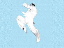 梁曉峰先生正在演示武術動作“飛輪膝”