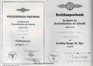 金質獲授證明檔案，左邊是1941年06月05日授給Hans Shlers，右邊是1941年12月20日授給Heinrich J&uuml;ng，A5尺寸(150mm&times;210mm)。