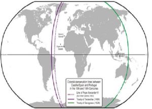 圖中右側綠色經線為薩拉戈薩條約所劃分界線