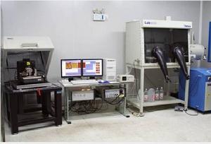 (左)Nanoman VS 掃描探針顯微鏡、(中)控制器及計算機系統、(右)可控氣氛箱