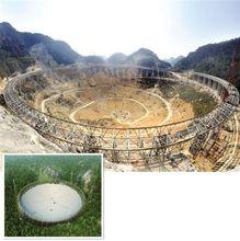 大：射電望遠鏡圈樑順利合龍。小圖：效果圖