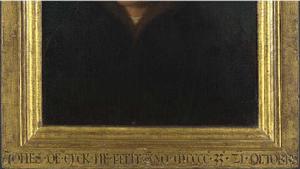 油畫裱框下方拉丁文的署名和題詞