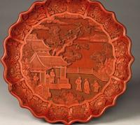 剔紅攜琴訪友圖蓮瓣式盤 剔紅攜琴訪友圖蓮瓣式盤