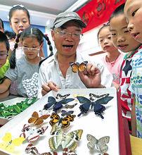 圖為林海倫給孩子們講解蝴蝶知識