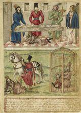 歐洲手抄本插圖 帖木兒在安卡拉戰役後虐待巴耶濟德一世