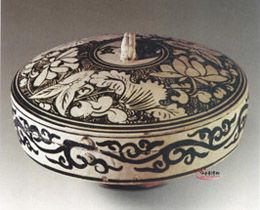 北宋磁州窯白釉黑花瓷鏡盒 北宋磁州窯白釉黑花瓷鏡盒