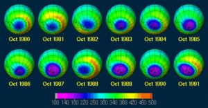 1980年～1991年南極10月份南極平均臭氧濃度分布