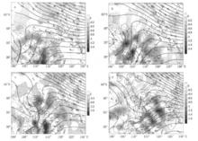 圖3 2007年2月6日20:00、7日08:00、20:00，8日08:00降水量