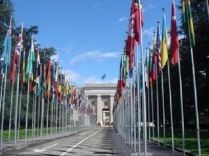 聯合國大樓門前飄揚的各國國旗