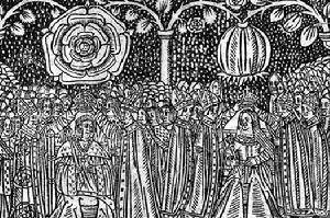 16世紀的木刻畫，展現了亨利八世和凱薩琳的加冕典禮