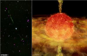 左側部分是雙魚座BP的X射線和可見光波段圖像，它是一顆紅巨星；右側是一幅藝術家想像圖，顯示近距離觀測雙魚座BP的情景