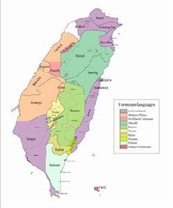 人遷台之前的台灣南島語言分布圖(按 Blust, 1999)[2]. 馬來-玻里尼西亞語族(紅色)可能擴展於