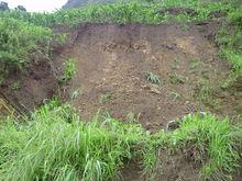 茅草坪村原村址邊上在暴雨中坍塌的苞谷地壟