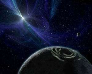 畫家筆下的PSR B1257+12脈衝星行星系統想像圖。