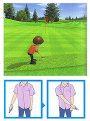 （圖）玩家在高爾夫遊戲中使用Wii 手柄模仿揮桿動作