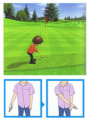 （圖）玩家在高爾夫遊戲中使用Wii 手柄模仿揮桿動作