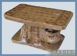 唐長沙窯青釉褐綠彩獅座詩文瓷枕 唐長沙窯青釉褐綠彩獅座詩文瓷枕