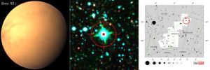 （左側）這是藝術家筆下的系外行星Gliese 163c，這是一顆由岩石和水體組成的行星，擁有濃厚的大氣層覆蓋，它看起來呈現一種偏紅的顏色而非白色，這是因為照射到其表面的光來自一顆紅矮星；（中間欄）這是恆星Gliese 163的實際拍攝圖像，由美國宇航局WISE探測器拍攝；（右側欄）標示出恆星Gliese 163位置的劍魚座附近天區圖