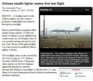 外媒登載的有關“J-20首飛”的報導
