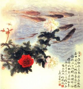 懷禪詩書題：月季蜻蜓錦鯉圖