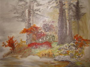 山浮翠綠水浮煙，景色迎人小鹿閒。秋日林深遮水冷，一坡紅雨抱根眠。