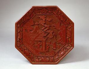 剔紅觀瀑圖八方盤 剔紅觀瀑圖八方盤