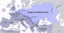 藕荷色地區為阿提拉時代的匈奴版圖