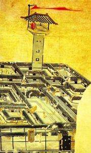 河北安平漢墓壁畫中的“塢堡”，高出者為望樓。