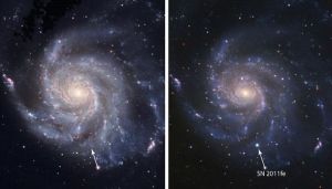 編號為SN2011fe的超新星爆炸前（左圖）、後（右圖）的風車星系，它是位於圖片右下角的寶藍色亮點
