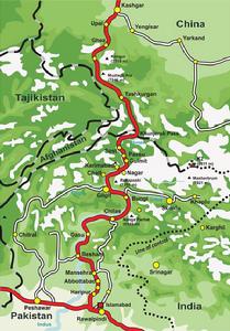 喇崑崙公路新疆紅其拉甫段，向南越過喜馬拉雅山脈西段，抵達巴基斯坦。