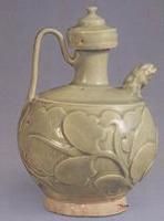 五代耀州窯青釉雕花獅流執壺 五代耀州窯青釉雕花獅流執壺