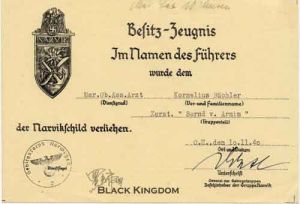 納爾維克盾章授予證書，所在部隊為海軍Bernd   Von Arnim驅逐艦