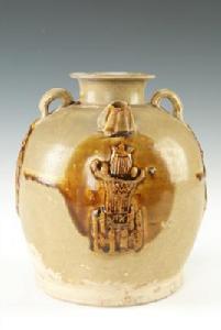 唐長沙窯青釉褐彩貼花執壺 唐長沙窯青釉褐彩貼花執壺