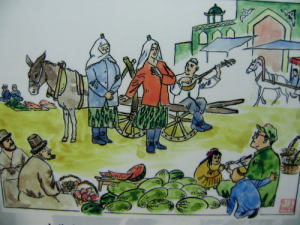上個世紀五十年代王洛賓在南疆農村蒐集民歌  插圖 作者王力凡