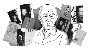 季羨林先生白描和他發表的主要作品。新京報漫畫/趙斌