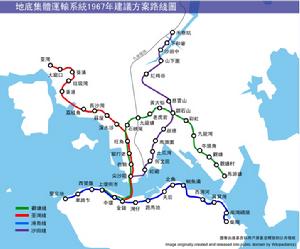 1967年《香港集體運輸研究》建議的捷運路線圖，可見位於荔景一帶的“貨港站”