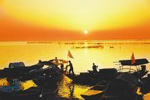 夕陽下忙碌的漁民