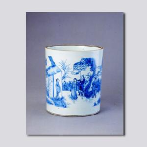 青花人物故事紋大筆筒 青花人物故事紋大筆筒