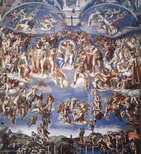 1536年，米開朗基羅回到羅馬西斯廷教堂，用了近六年的時間創作了偉大的教堂壁畫《最後的審判》。 它將上帝對人類最後的審判表現得淋漓盡致。 《聖經》上說，世界末日來臨時，上帝要做一次最後的審判，以懲惡揚善。