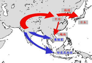 紅：藏傳佛教出現前的北傳佛教（即後世的漢傳佛教）傳播路線圖藍：南傳佛教傳播路線圖