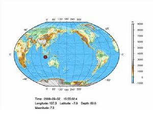 印尼7.3級地震（紅點為震中位置）
